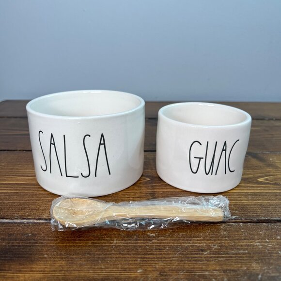 Rae Dunn Artisan Collection Salsa & Guac Ceramic Bowls With Wooden Spoons - Picture 1 of 12